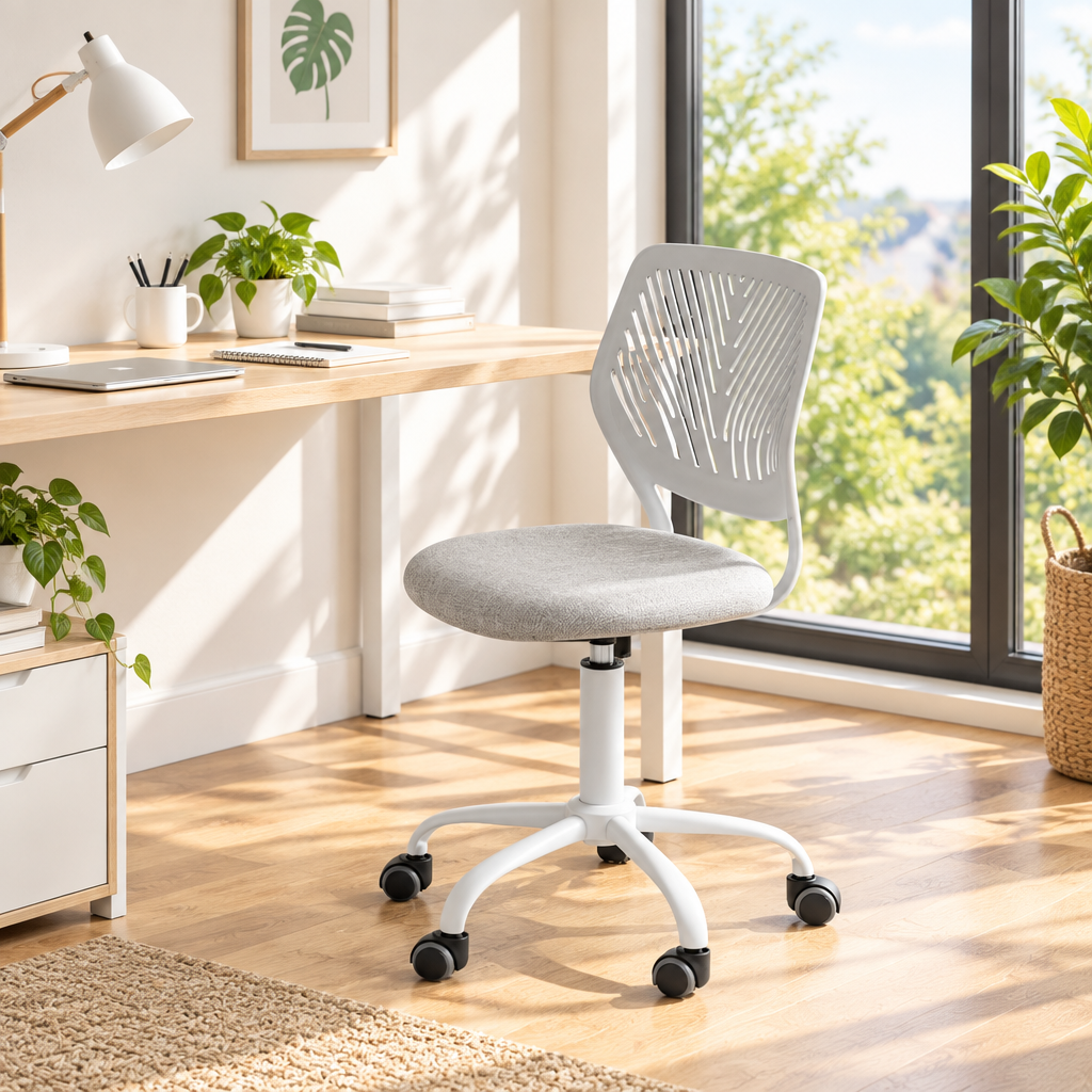 Gray and white minimalist office chair in a sunny home office
