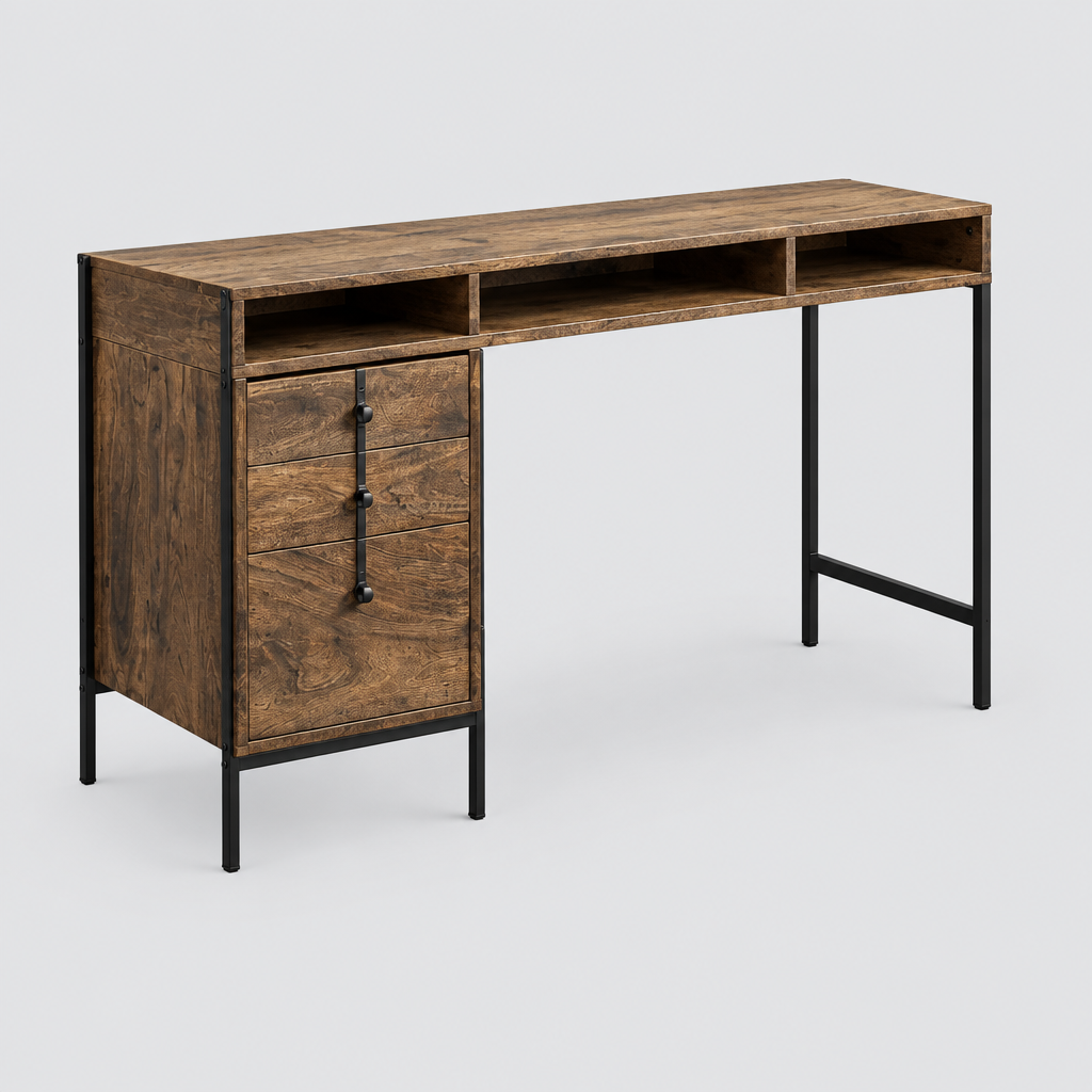Medium brown wood writing desk with drawers and shelves studio photo