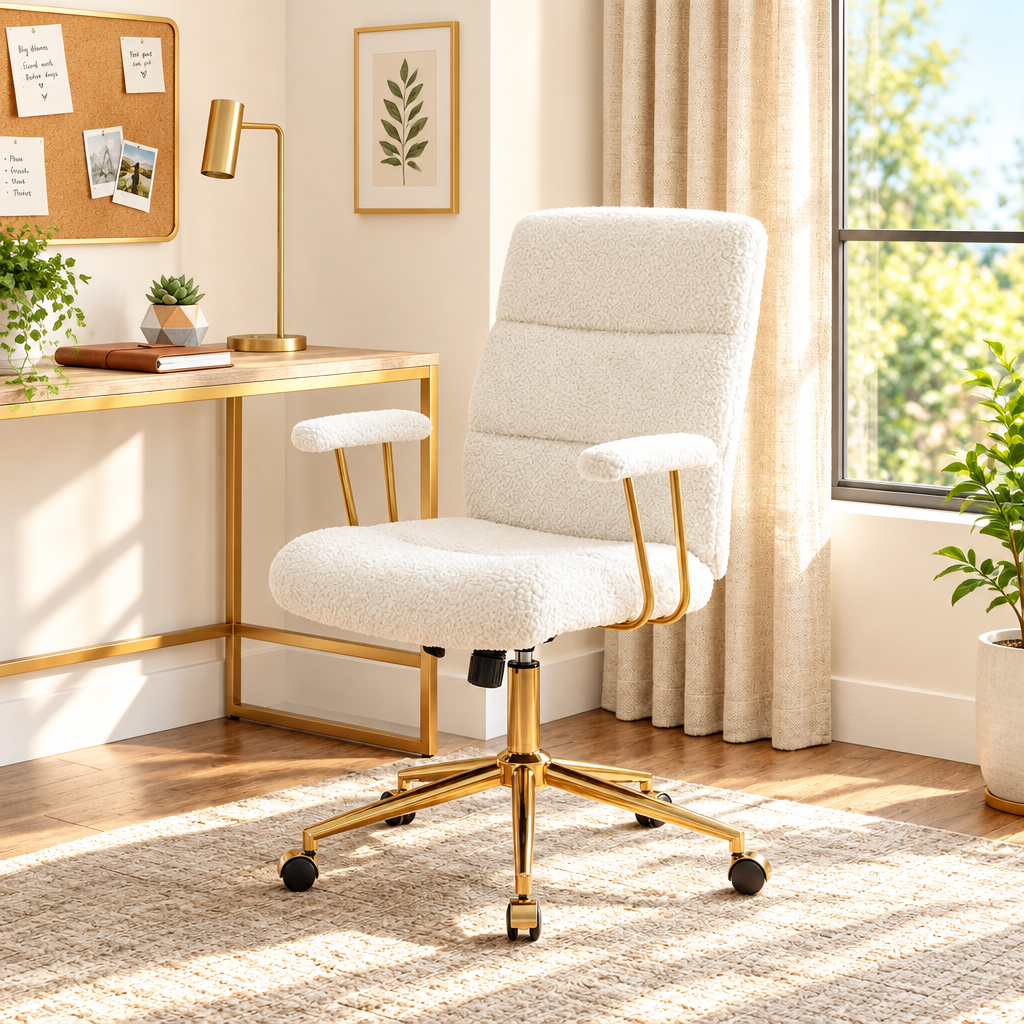 White boucle executive chair with gold frame in a sunny office