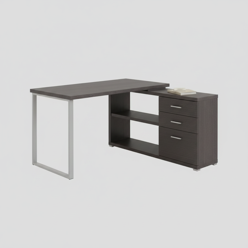 Gray and silver L-shaped computer desk with 3 drawers studio photo