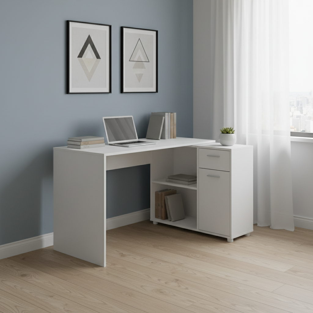 White L-shaped computer desk in a modern home office