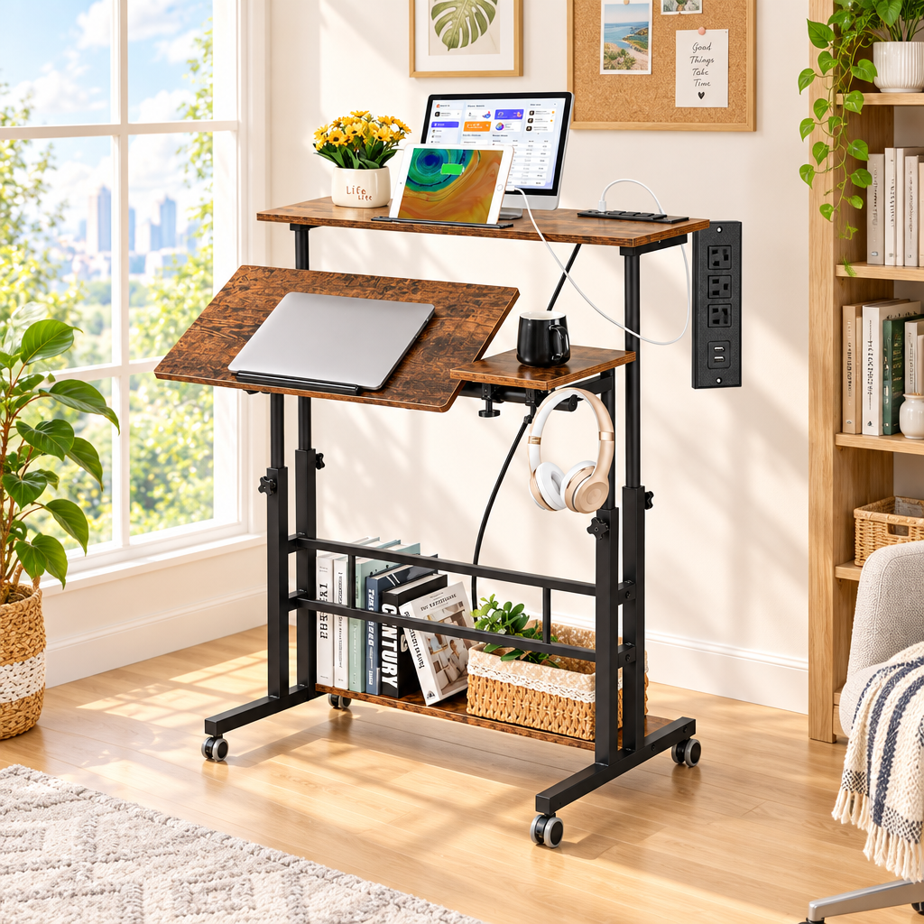 Rustic brown mobile standing desk in a bright home office