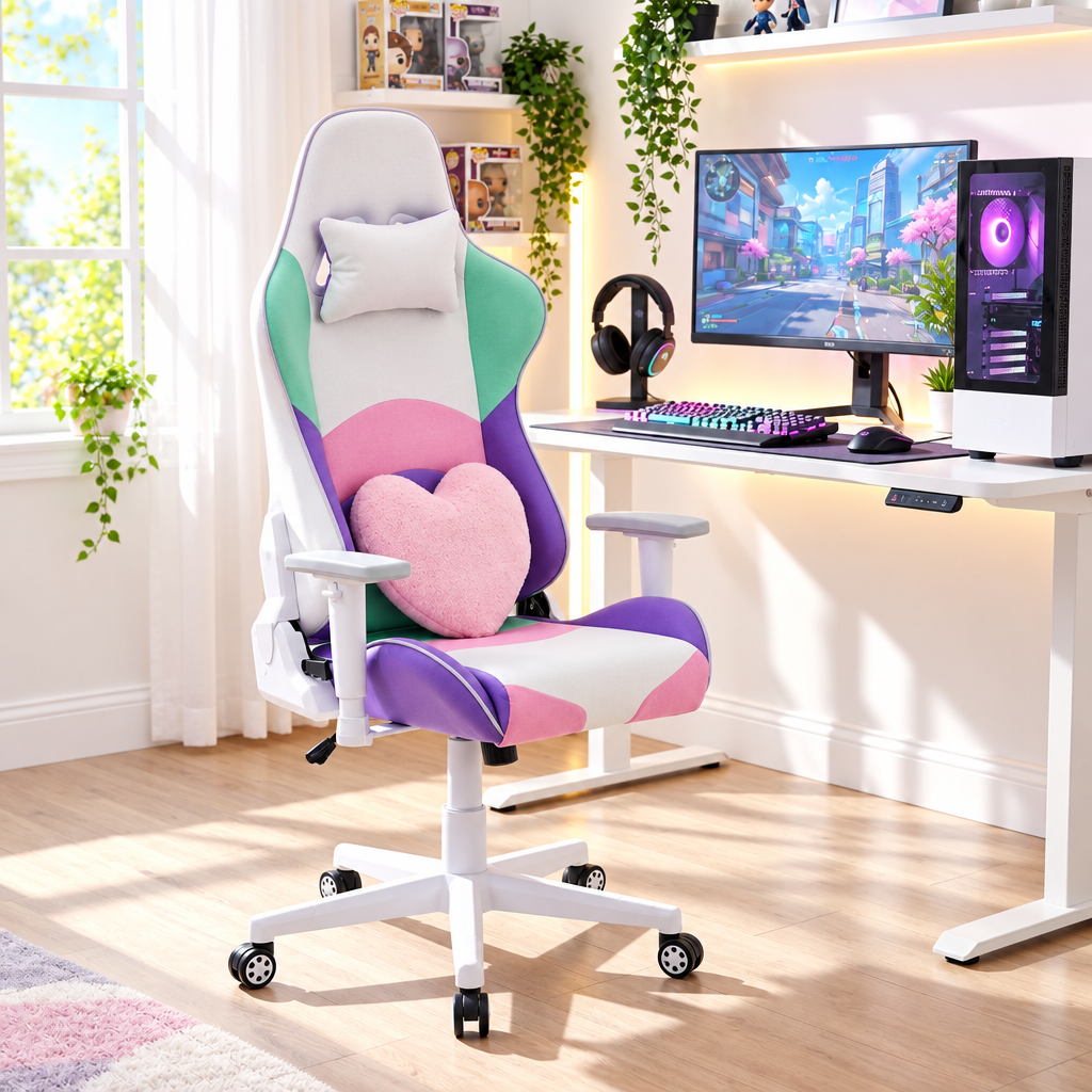 Pink, purple, mint, and white color-blocked gaming chair in a sunny home office