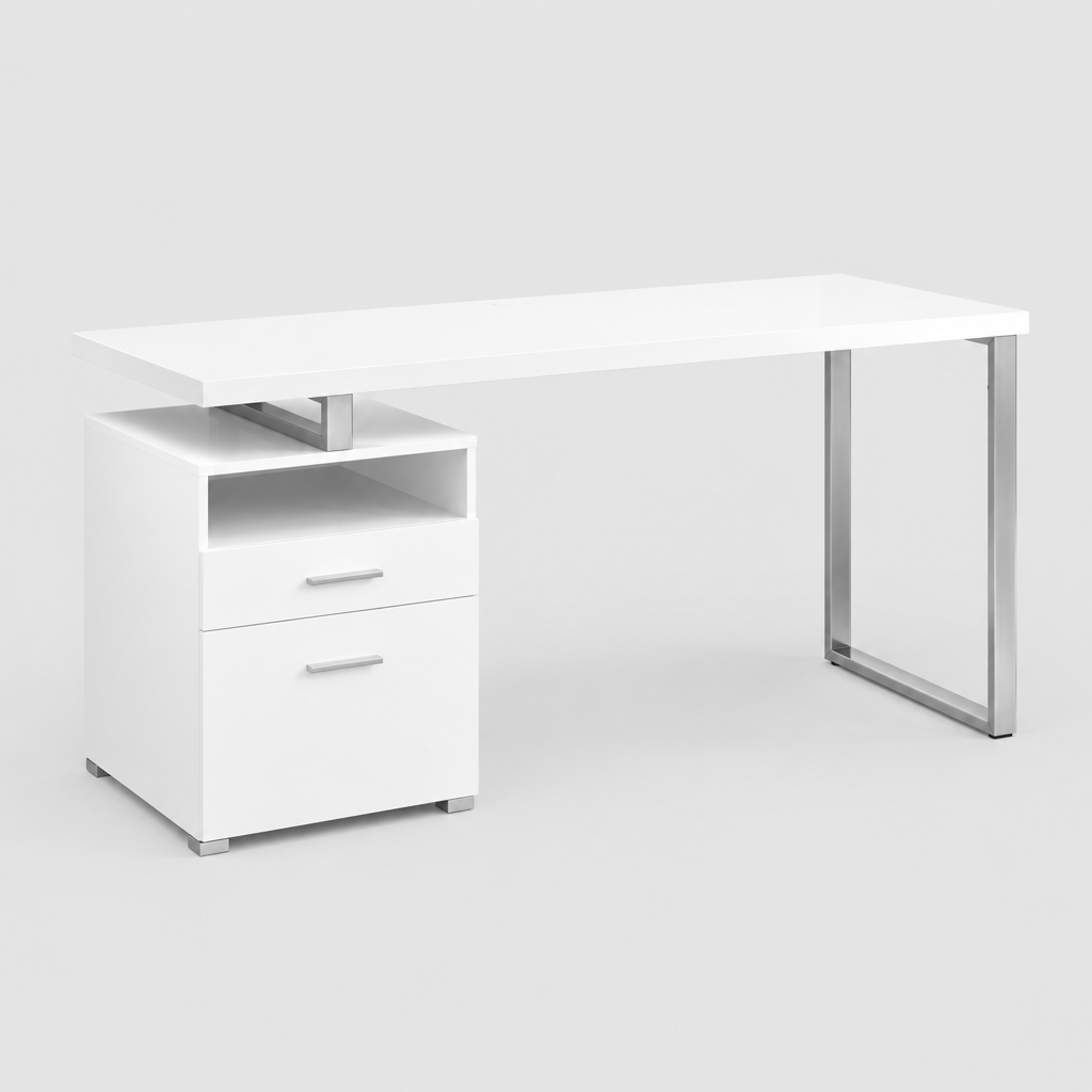 White and silver computer desk with 2 drawers studio photo