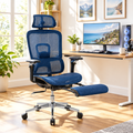 Blue ergonomic mesh gaming chair with footrest in a sunny home office