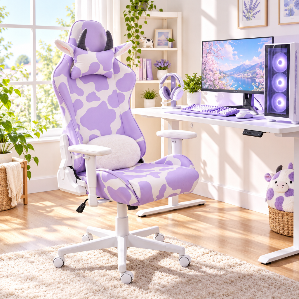 Lavender and white cow print gaming chair with cow-ear headrest in a sunny home office