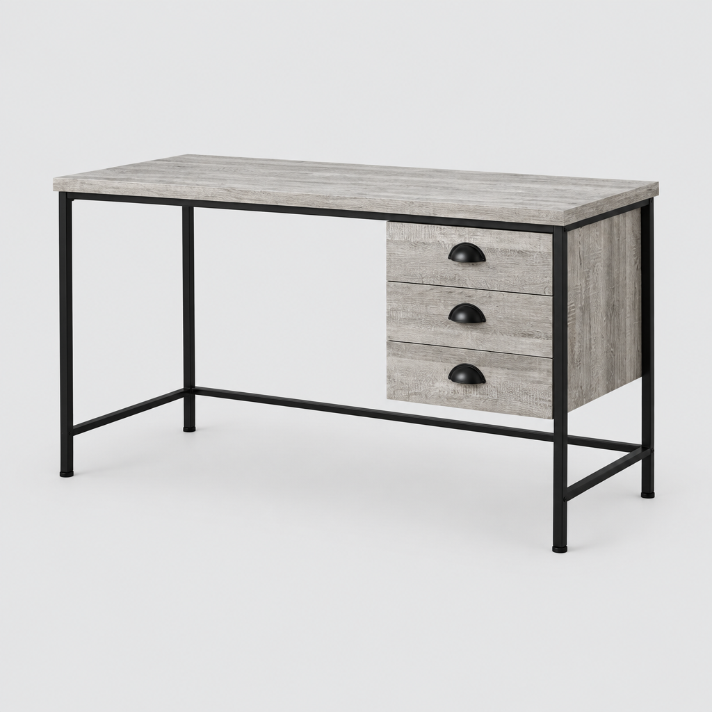 Gray and black computer desk with 3 drawers studio photo