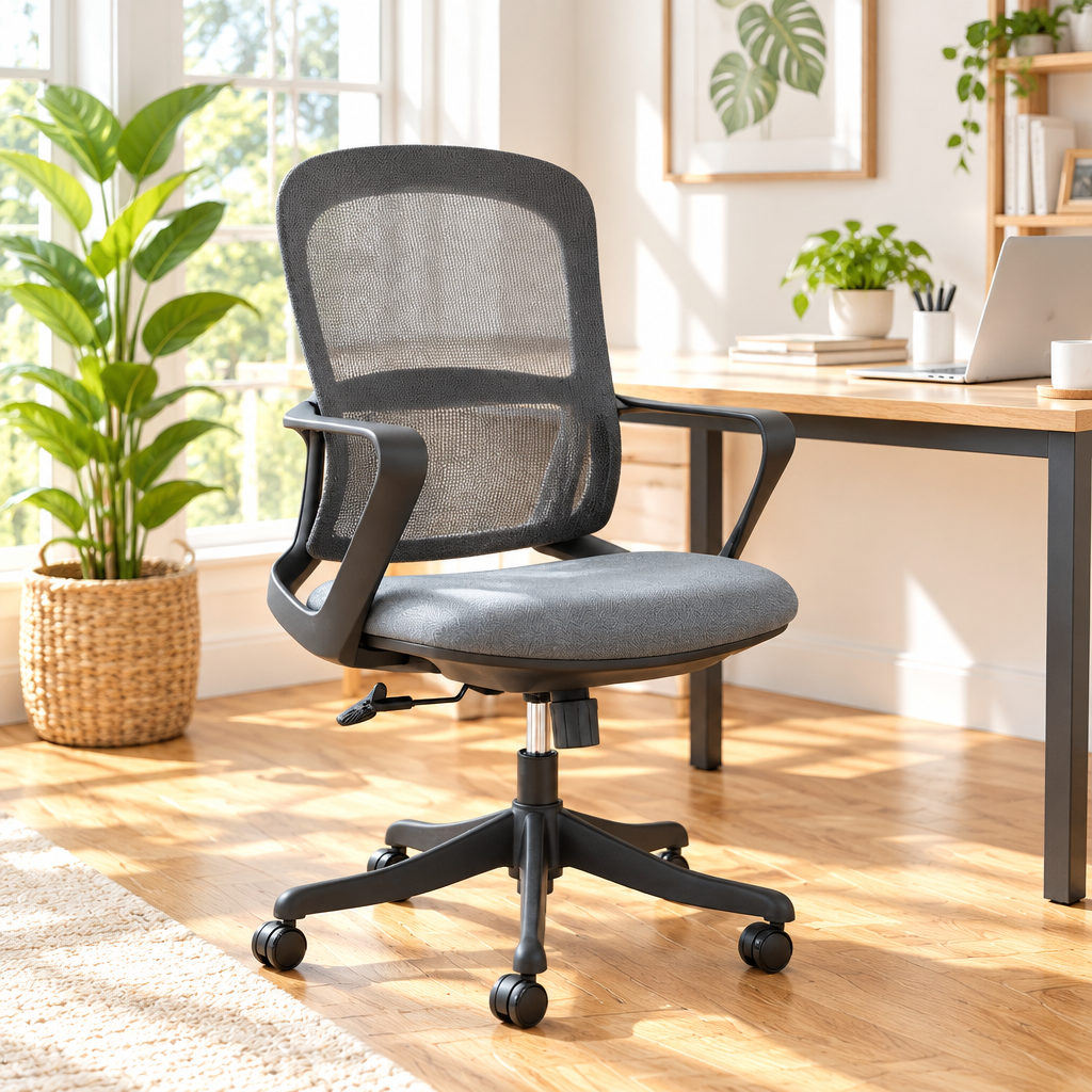 Gray and black mesh office chair in a sunny home office