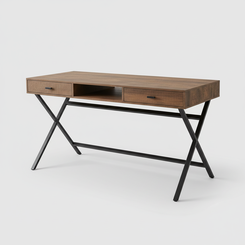 Brown and black computer desk with 2 drawers and open shelf studio photo
