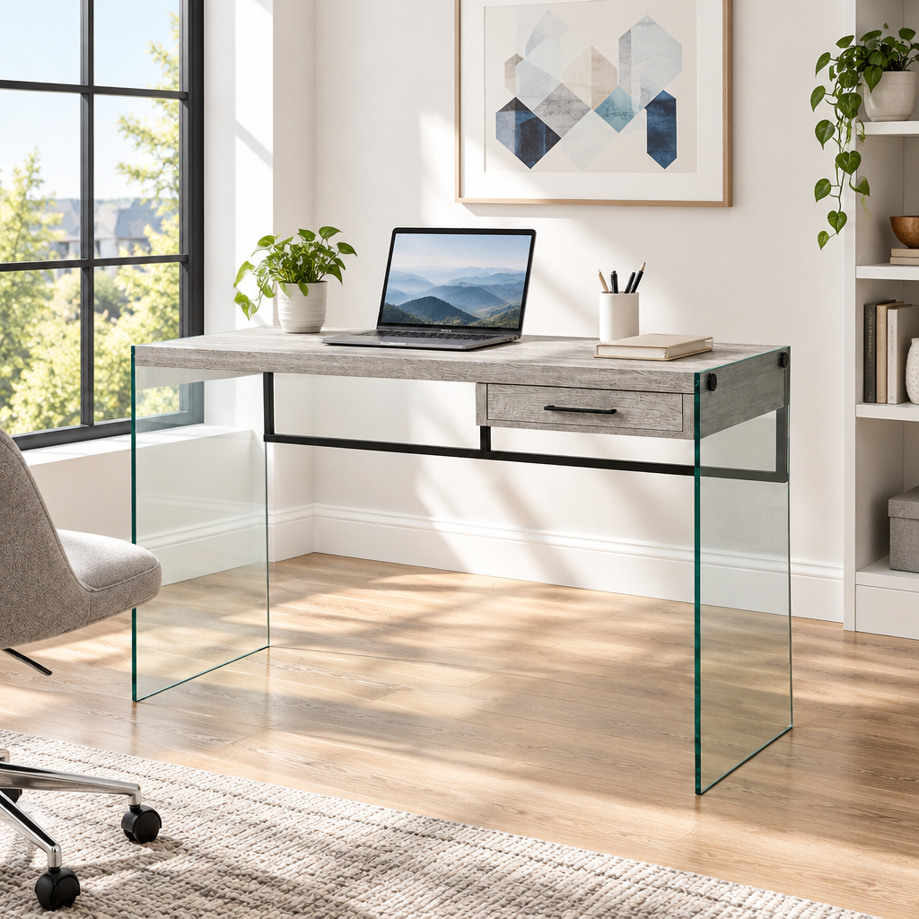 Gray and clear glass computer desk in a bright home office