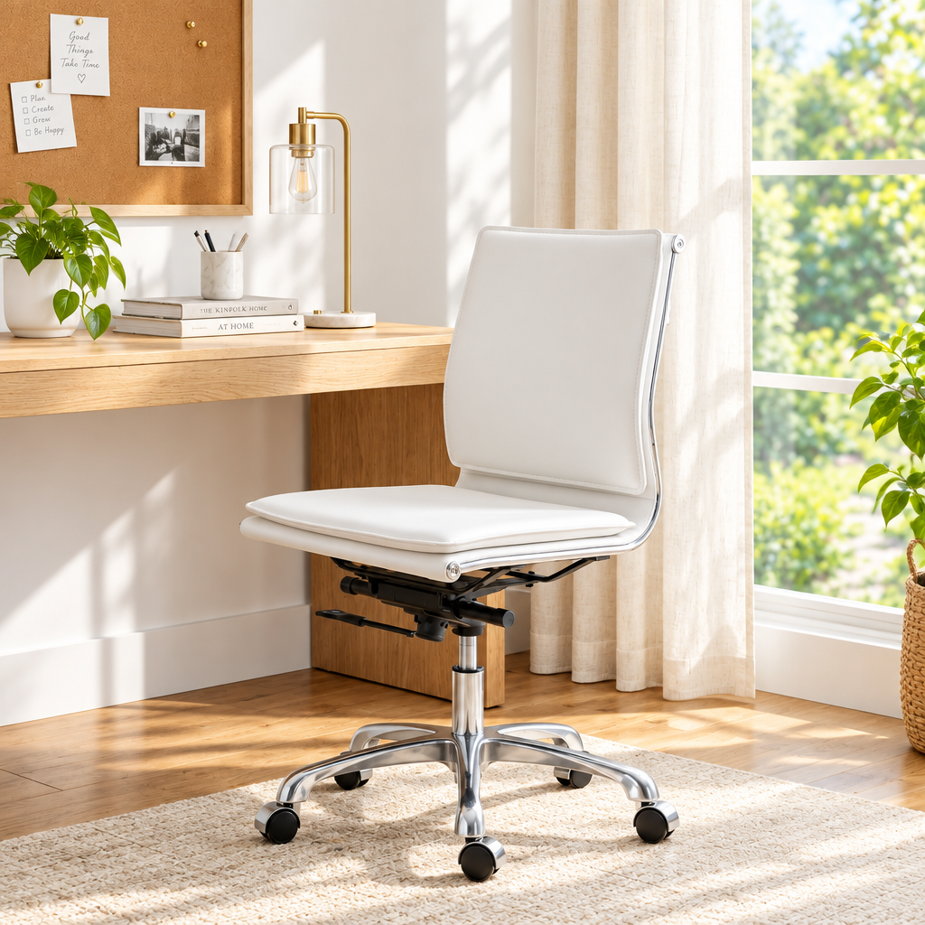 White faux leather task chair with chrome base in a sunny home office