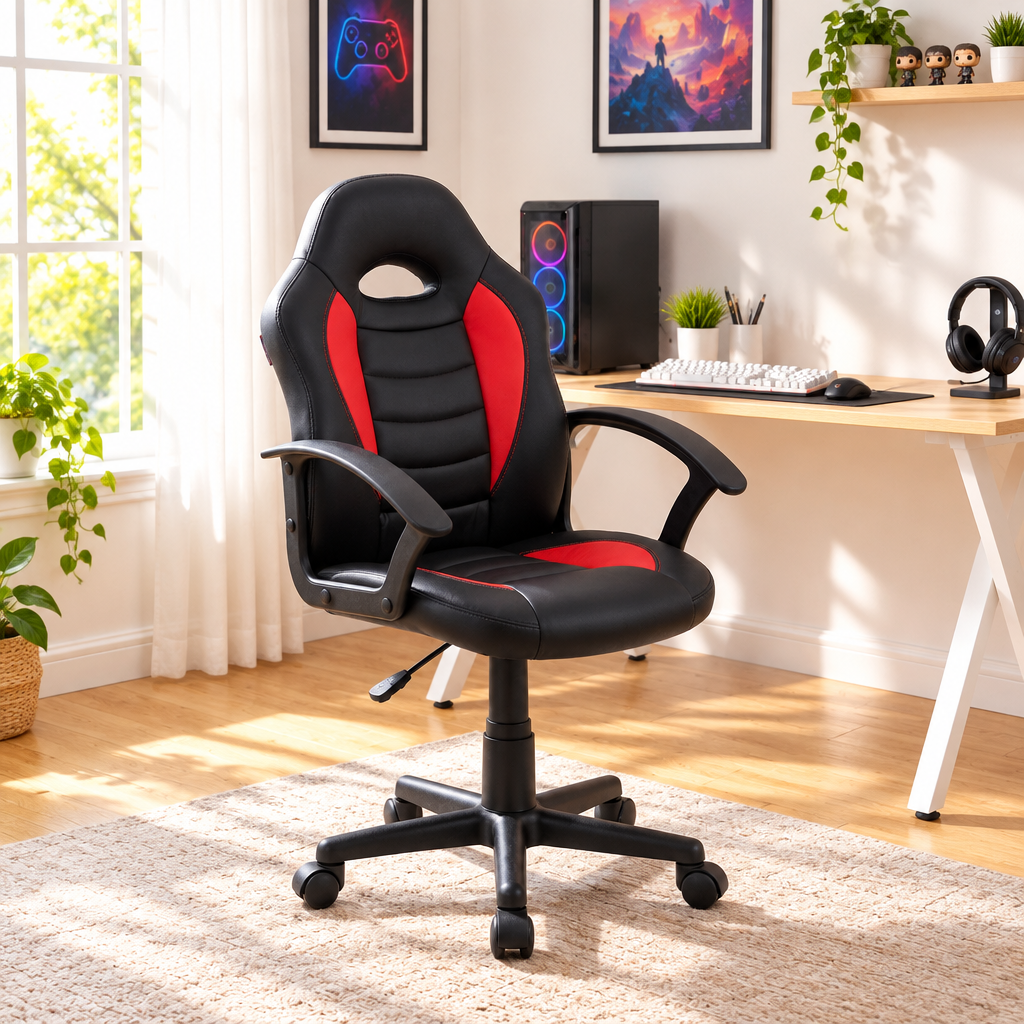 Black and red racing-style gaming chair in a sunny home office