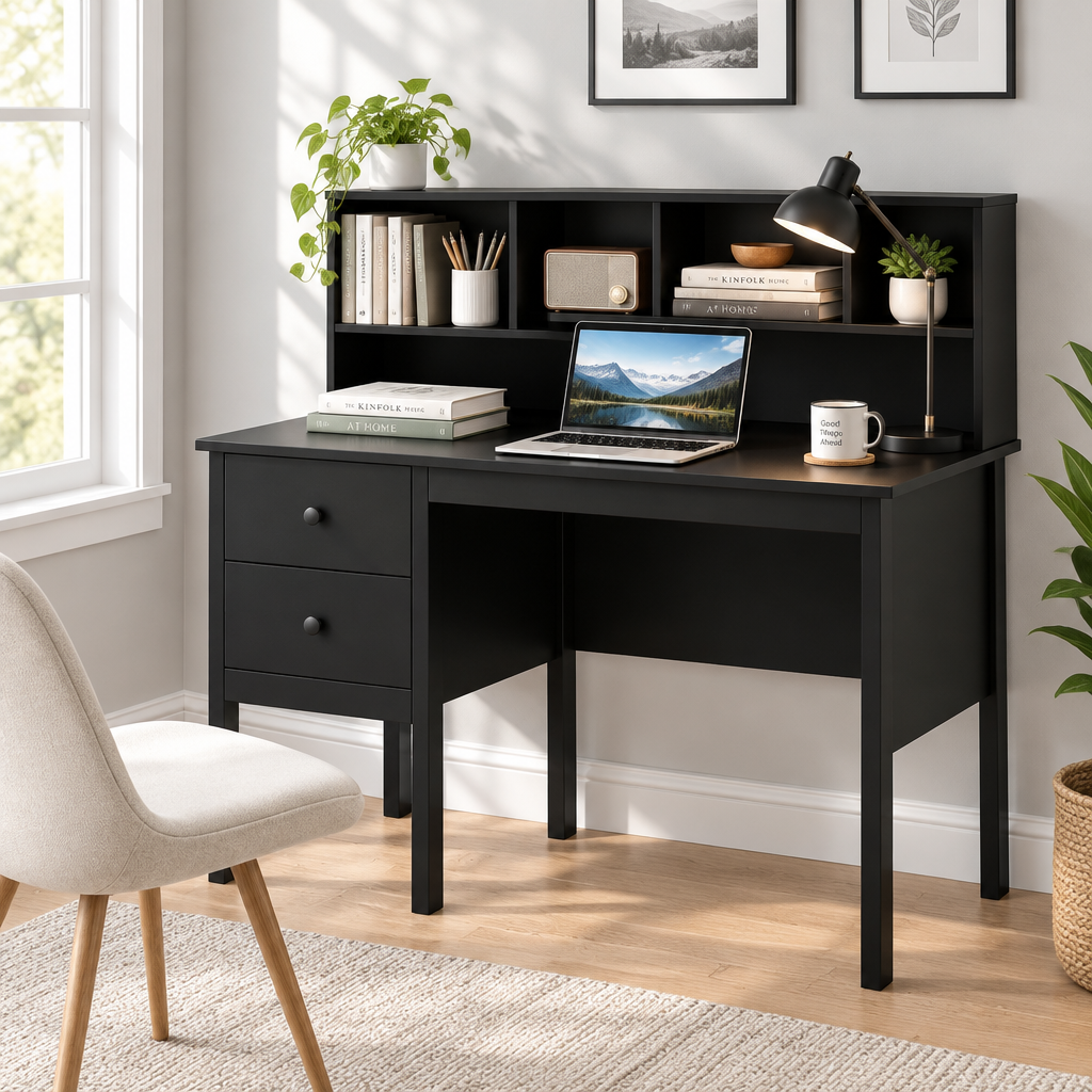 Black commercial-grade desk with storage in a bright home study