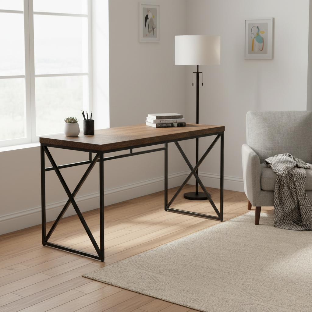 Brown and black X-frame computer desk in a bright living room