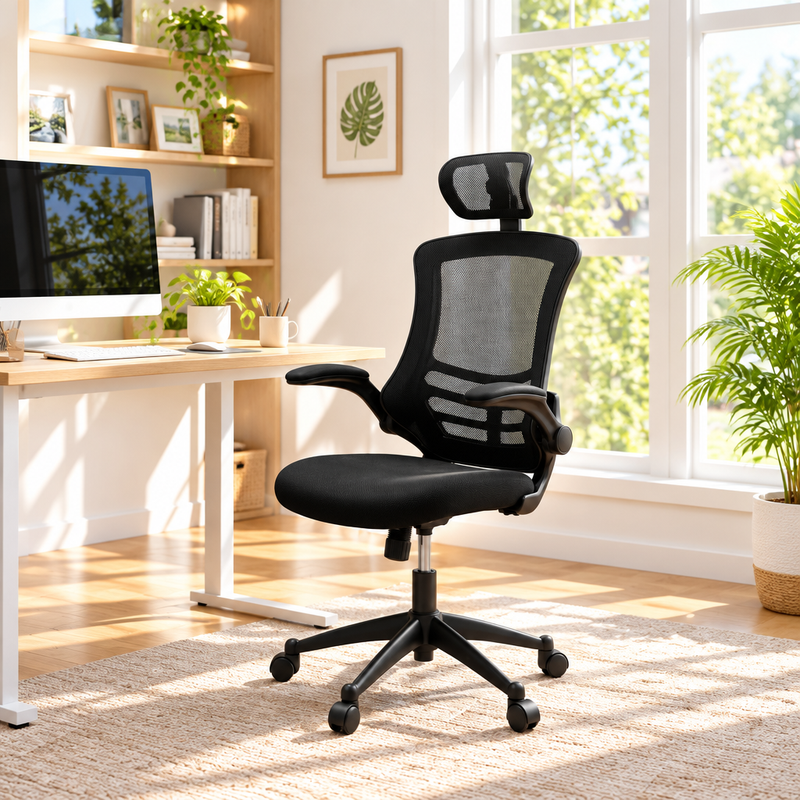 Black mesh-back office chair in a sunny home office