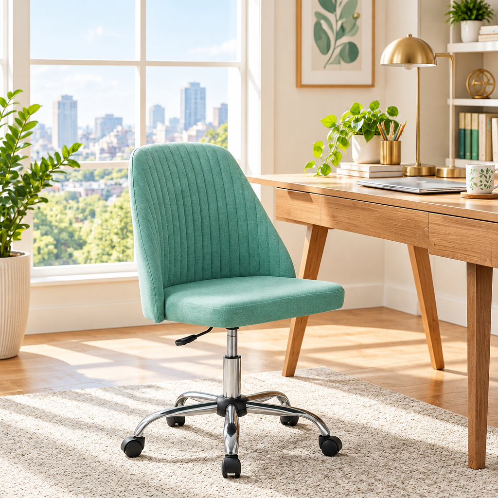 Teal green channel-tufted office chair with chrome base in a sunny home office