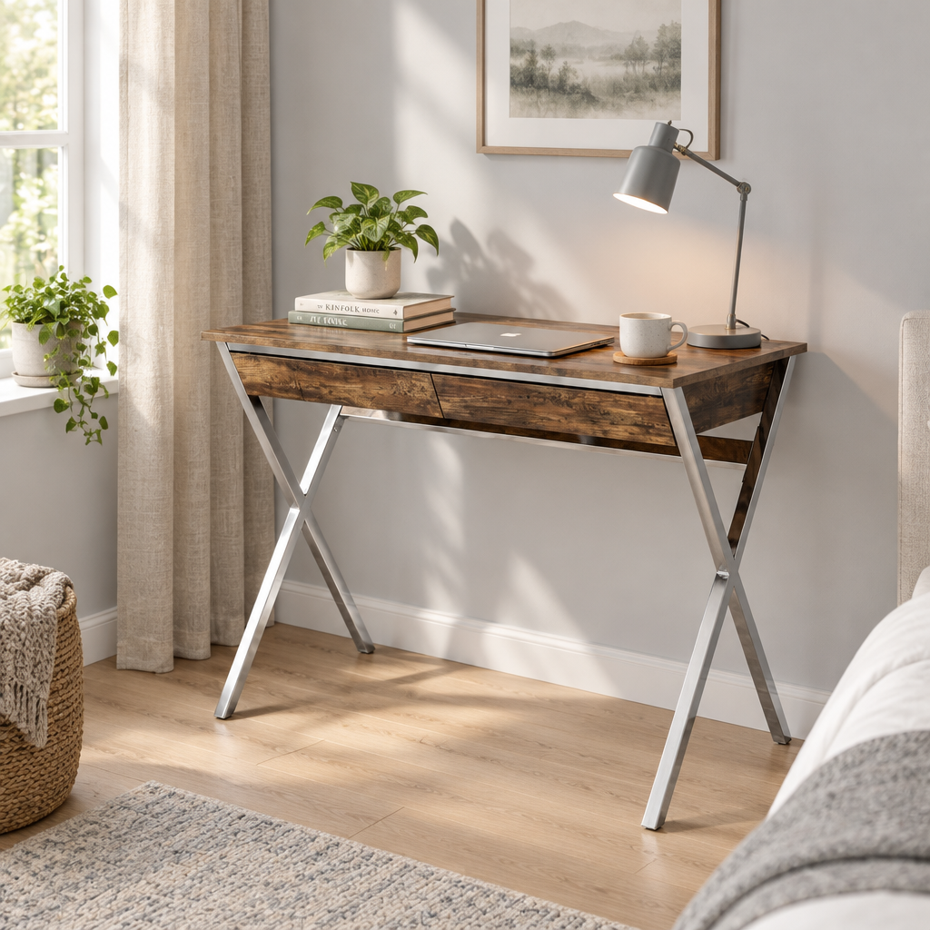Brown and silver writing desk with 2 drawers in a bright bedroom study nook