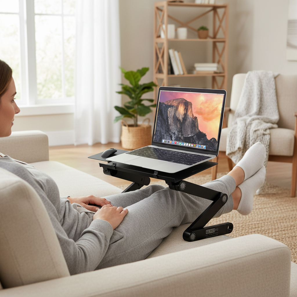 Person lounging on couch using black folding laptop lap desk