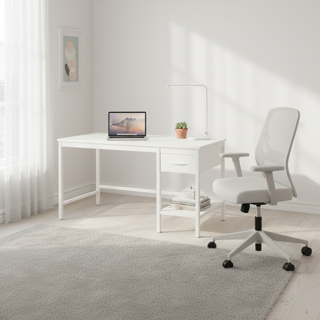 White executive desk in a bright home office
