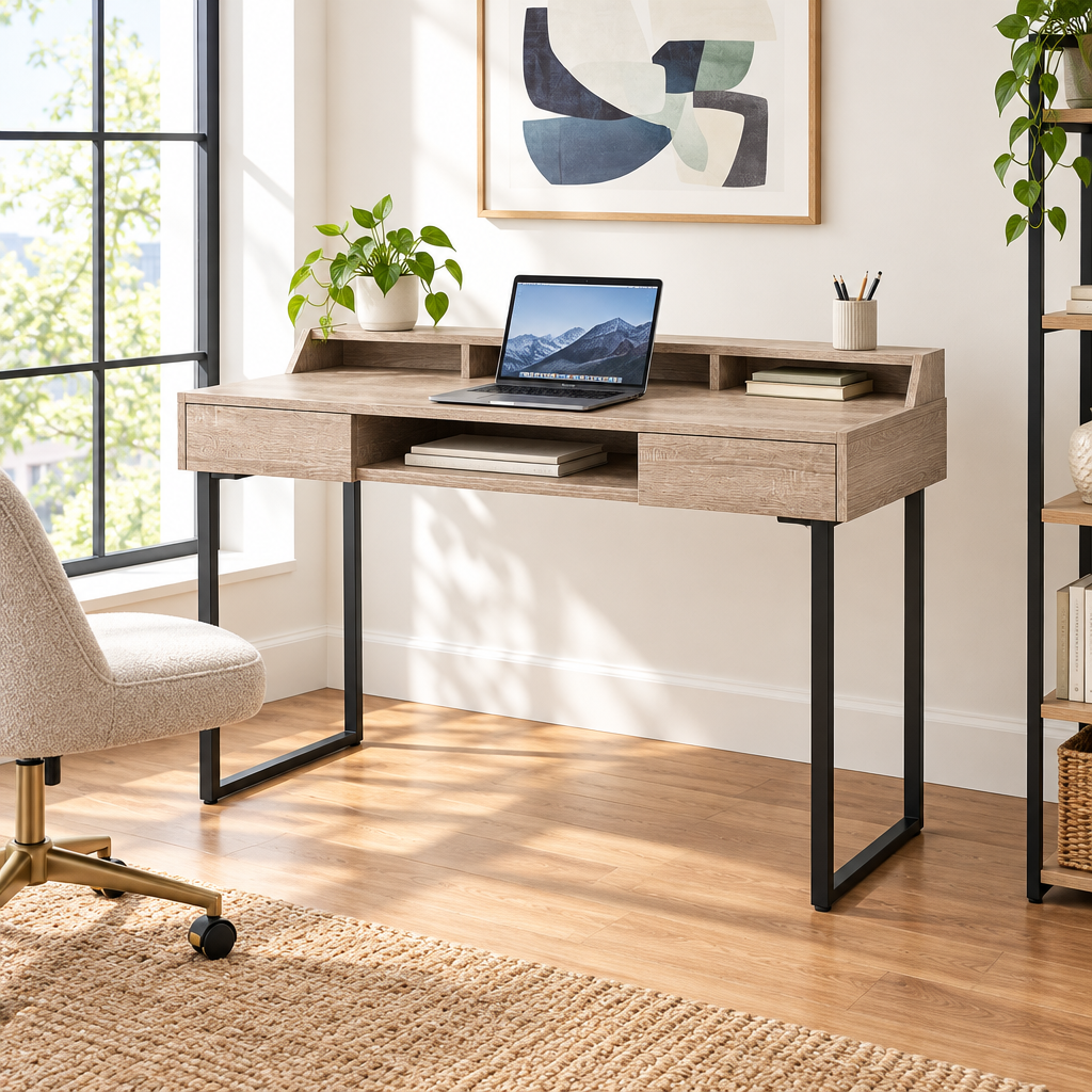 Taupe and black writing desk with 2 drawers in a bright home office