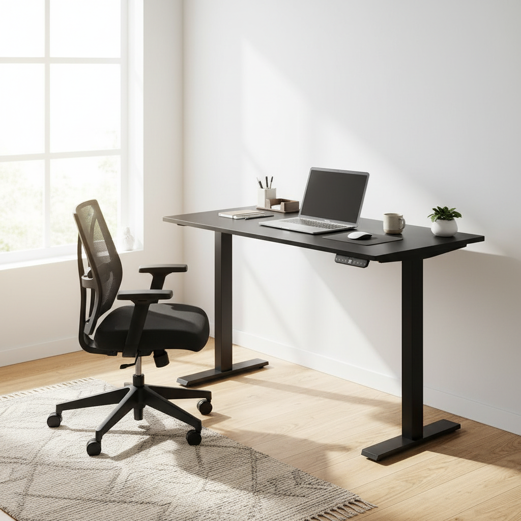 Black adjustable computer desk in a bright home office