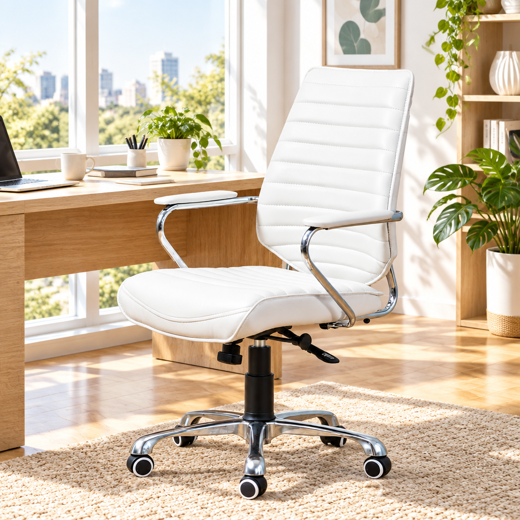 White faux leather high-back office chair with chrome base in a sunny home office