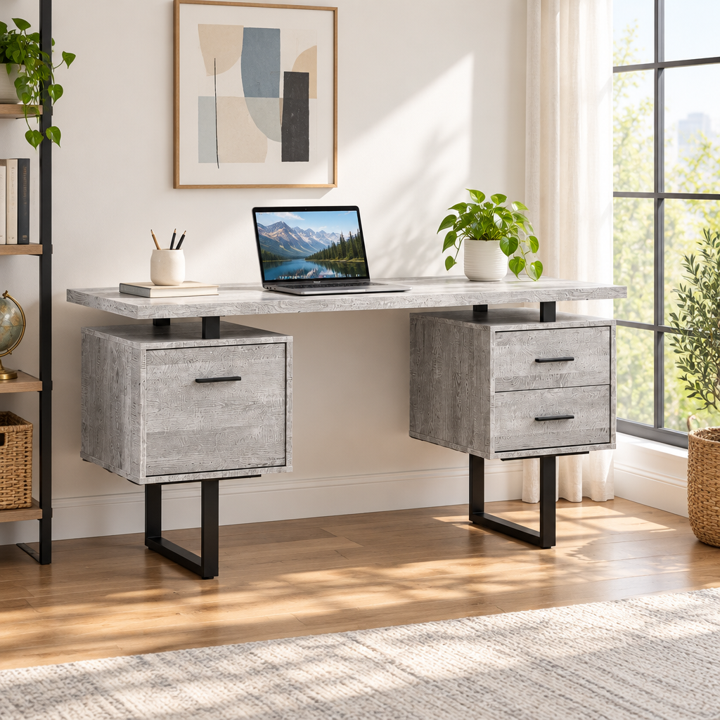 Gray and black computer desk with 3 drawers in a bright home office