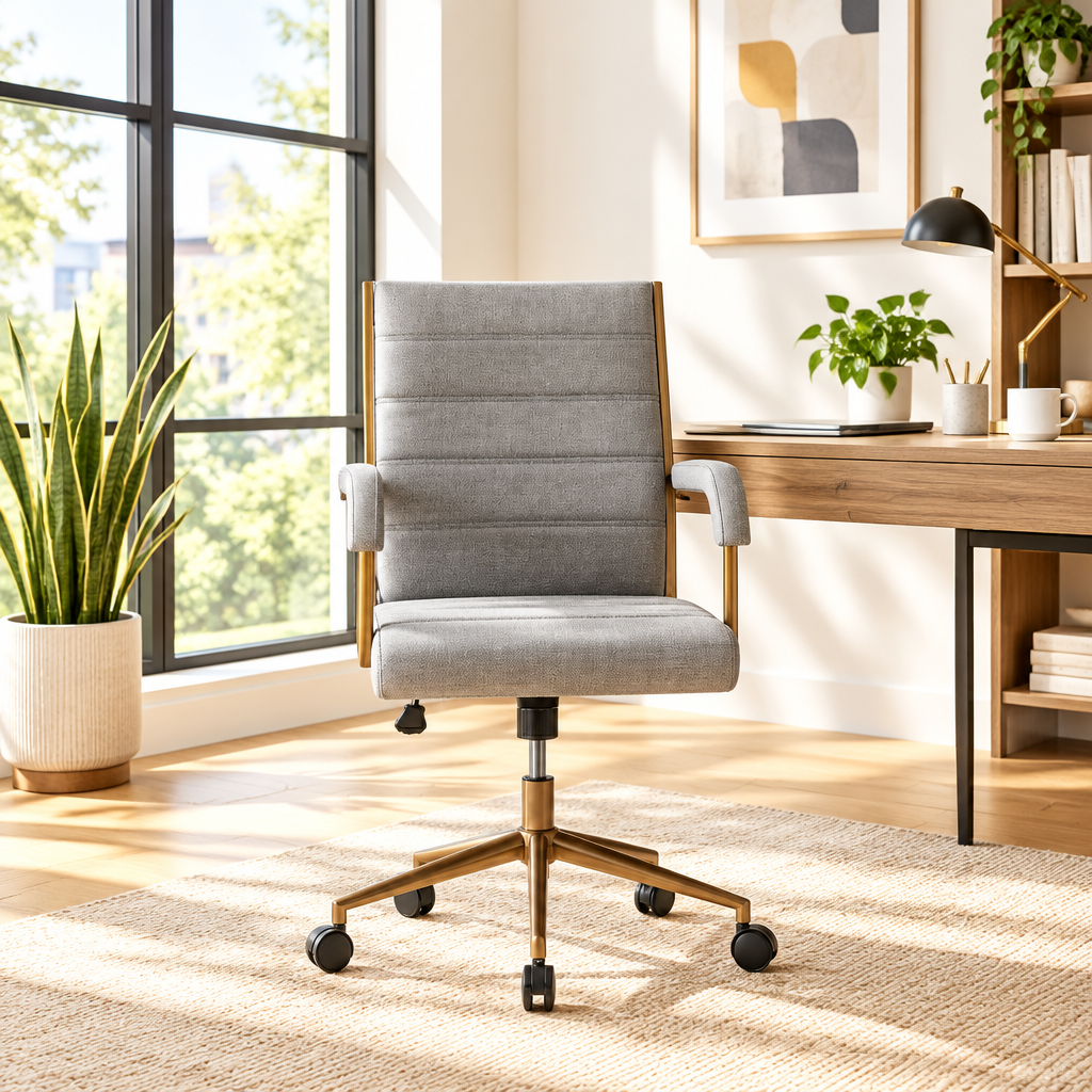 Gray and bronze channel-tufted office chair in a sunny home office