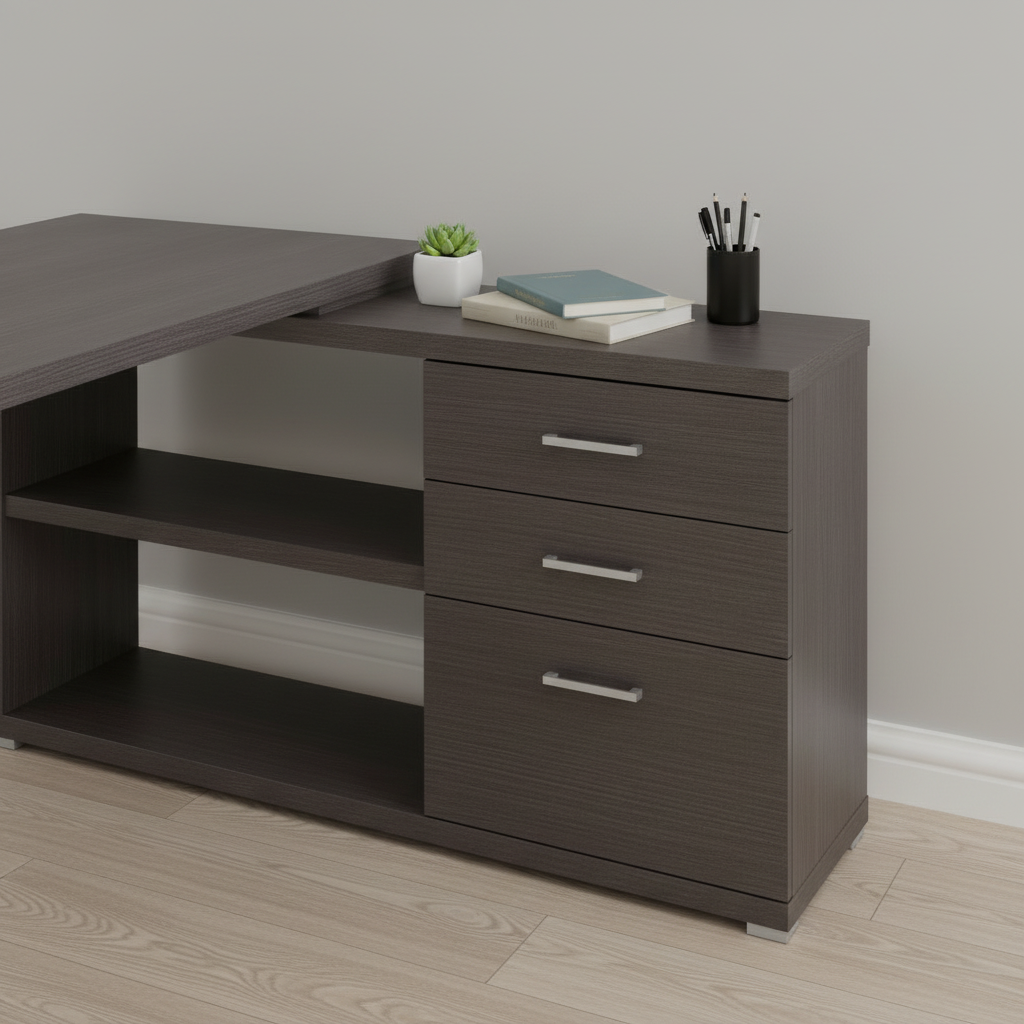 Gray and silver L-shaped computer desk with 3 drawers, close-up of the storage cabinet