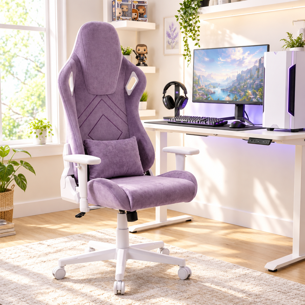 Purple velvet racing-style gaming chair with white frame in a sunny home office