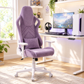 Purple velvet racing-style gaming chair with white frame in a sunny home office