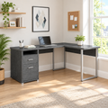 Gray and silver L-shaped computer desk with 2 drawers in a bright home office