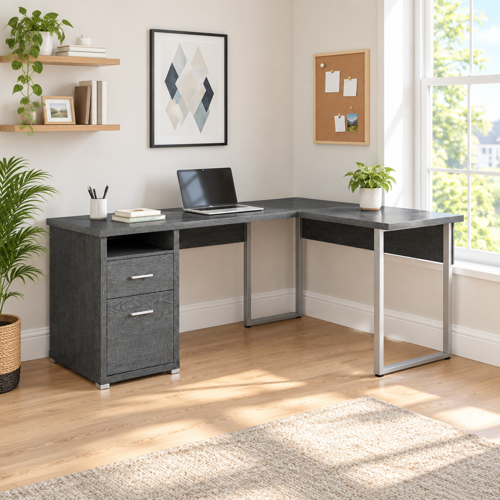 Gray and silver L-shaped computer desk with 2 drawers in a bright home office