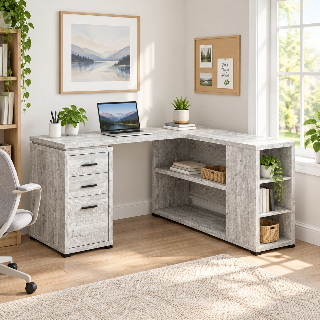 Gray L-shaped computer desk with 3 drawers in a bright home office