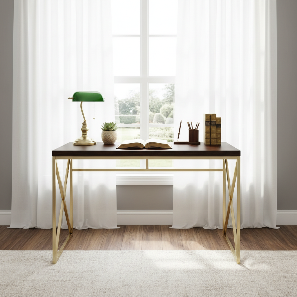 Espresso and gold writing desk in front of a sunny window