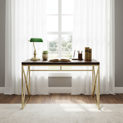 Espresso and gold writing desk in front of a sunny window