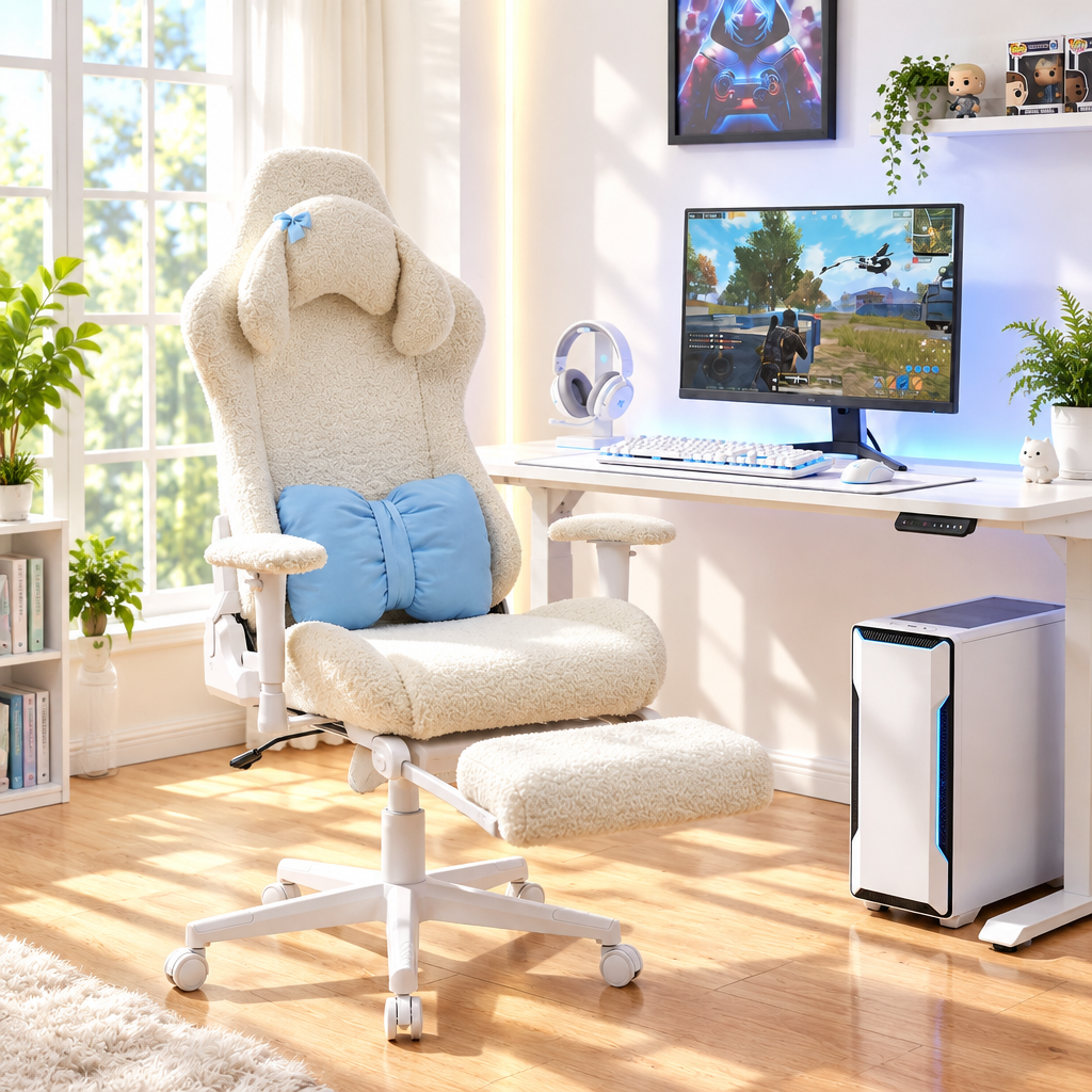 Cream boucle gaming chair with blue lumbar pillow and footrest in a bright gaming room