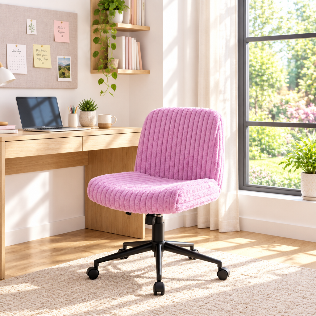 Pink ribbed faux fur gaming chair with black base in a sunny home office