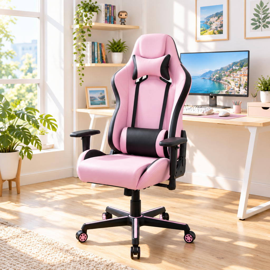 Pink and black racing-style gaming chair in a sunny home office