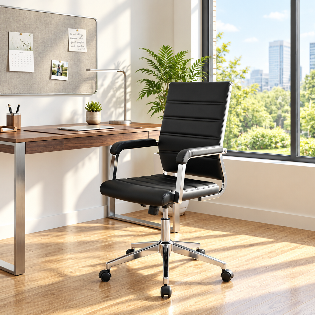 Black faux leather conference chair with silver frame in a sunny office