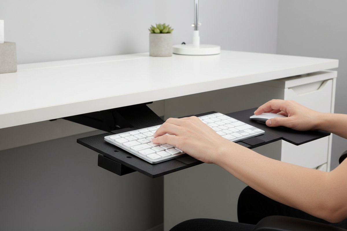 Keyboard Tray — Hands Typing Close-Up