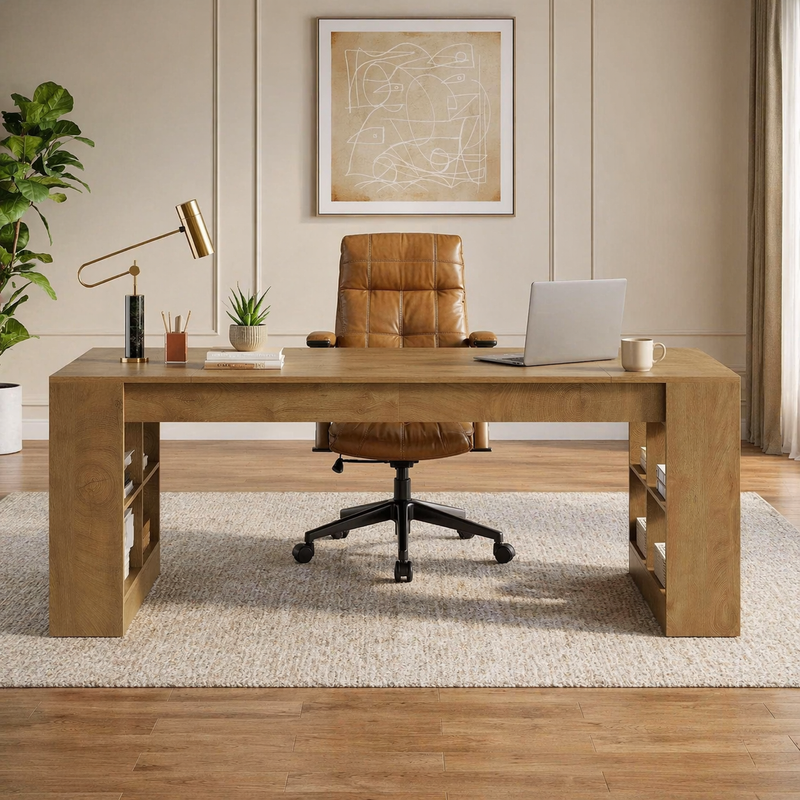 71" Executive Desk with Storage Shelves & Ergonomic High-Back Office Chair Set, Rustic Brown-0