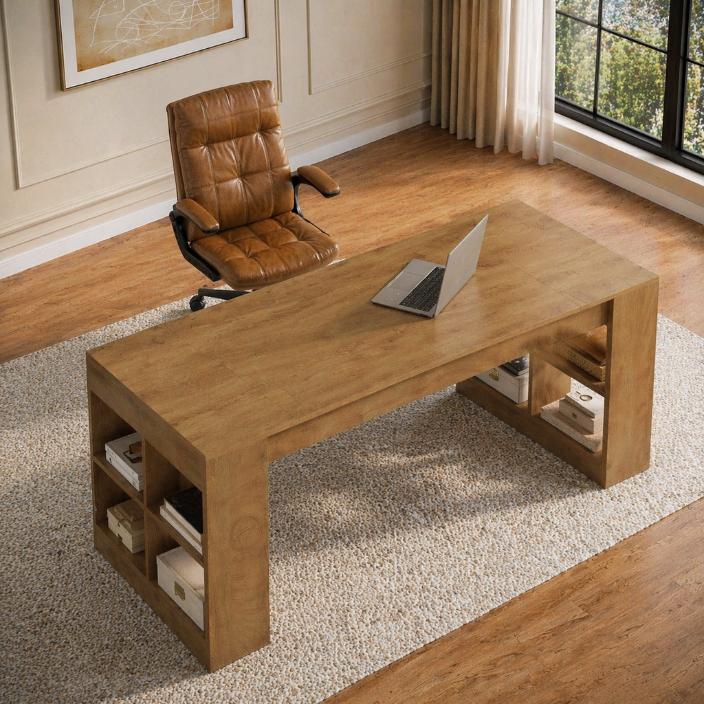 71" Executive Desk with Storage Shelves & Ergonomic High-Back Office Chair Set, Rustic Brown-1