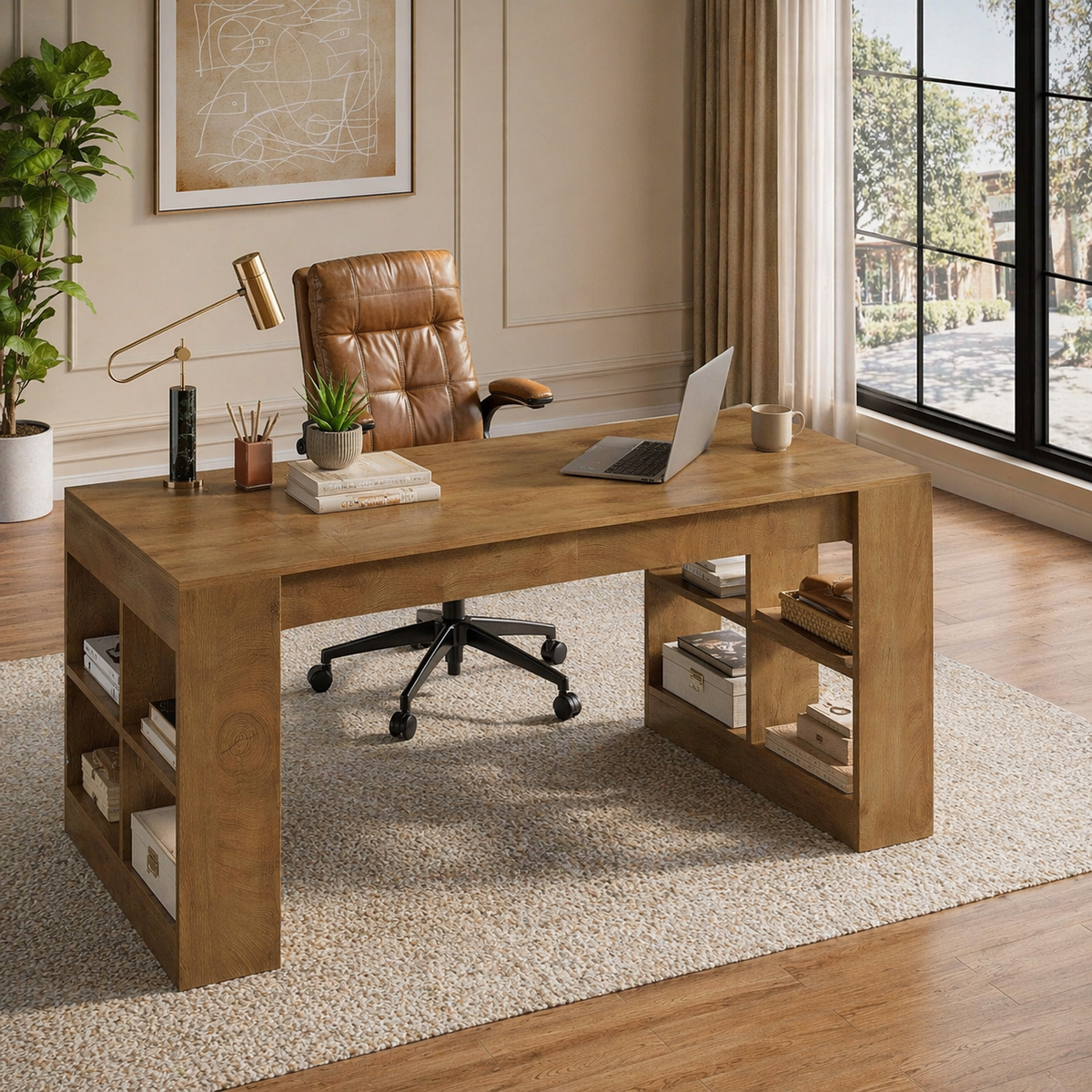 71" Executive Desk with Storage Shelves & Ergonomic High-Back Office Chair Set, Rustic Brown-2