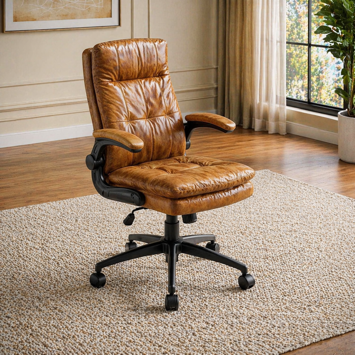 71" Executive Desk with Storage Shelves & Ergonomic High-Back Office Chair Set, Rustic Brown-4